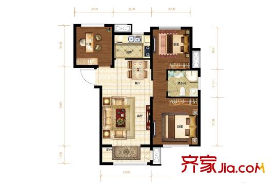 首創(chuàng)大河宸章一期1、2、4、5號樓標(biāo)準(zhǔn)層B戶型 3室2廳1衛(wèi)1廚