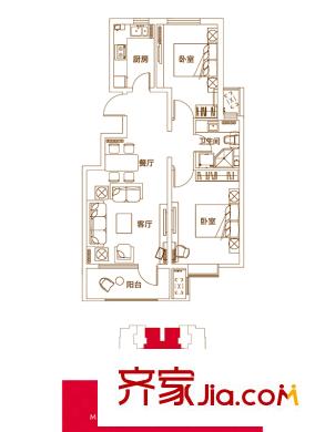 金隅滿堂高層一期高層標準層01戶型 2室1廳1衛(wèi)1廚