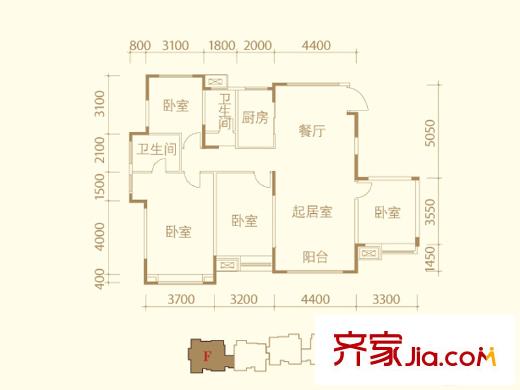 濱海星河榮御洋房標準層F戶型 4室2廳2衛(wèi)1廚