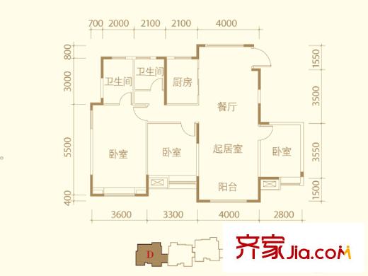 濱海星河榮御洋房標準層D戶型 3室2廳2衛(wèi)1廚