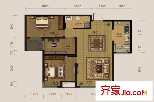 半灣半島二期高層99平米標(biāo)準(zhǔn)層戶型圖 2室2廳1衛(wèi)1廚