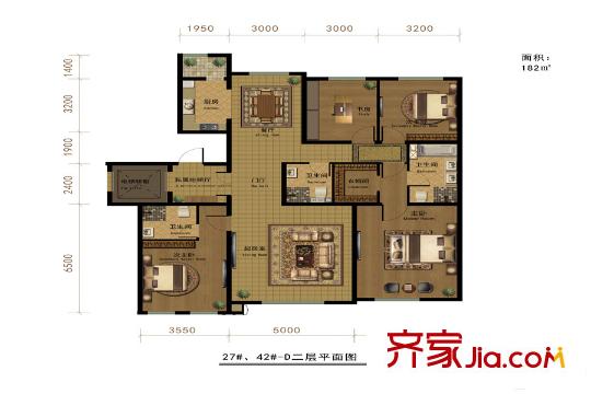 半灣半島一期平墅27#42#樓二層平面圖 4室2廳3衛(wèi)1廚