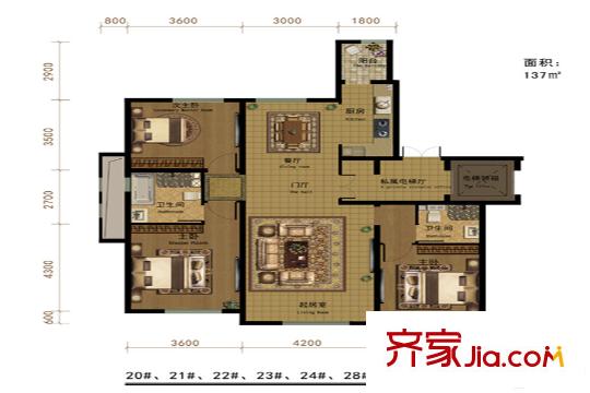 半灣半島一期洋房20#21#22#23#24#28標(biāo)準(zhǔn)層戶型圖 3室2廳2衛(wèi)1廚