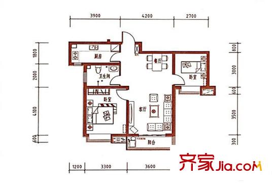 紫韻楓尚高層標準層M2戶型 2室2廳1衛(wèi)1廚