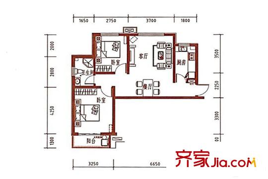 紫韻楓尚高層標(biāo)準(zhǔn)層J1戶型 2室2廳1衛(wèi)1廚