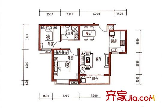 紫韻楓尚高層標(biāo)準(zhǔn)層K1戶型 2室2廳1衛(wèi)1廚