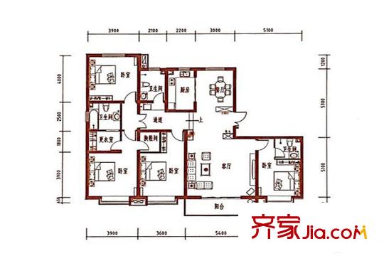 紫韻楓尚高層標(biāo)準(zhǔn)層L1戶型 4室2廳3衛(wèi)1廚