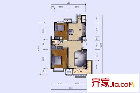 陽光美域高層標準層A戶型 2室2廳1衛(wèi)1廚