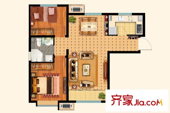 遠(yuǎn)洋心里高層1、3號(hào)樓標(biāo)準(zhǔn)層D1戶型 2室2廳1衛(wèi)1廚