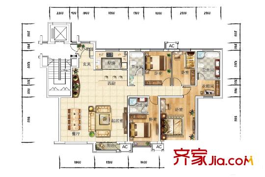 眾美青城洋房標(biāo)準(zhǔn)層G戶型 4室2廳3衛(wèi)1廚
