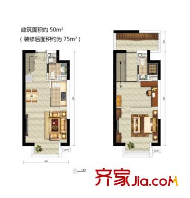 北寧灣四期偶寓標準層50平米戶型 2室2廳1衛(wèi)1廚