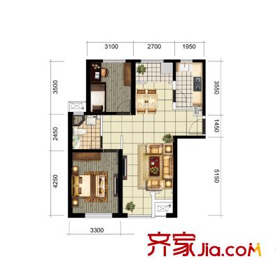 北寧灣四期高層標準層兩室戶型圖 2室2廳1衛(wèi)1廚