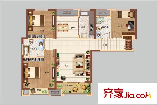 經(jīng)開萬(wàn)錦城2#樓126平米戶型 3室2廳2衛(wèi)1廚