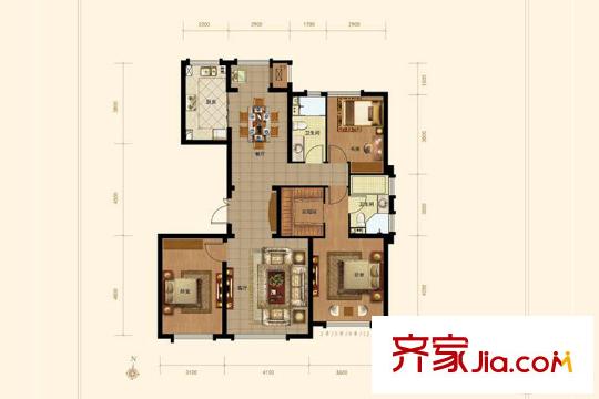 天津全運(yùn)村高層標(biāo)準(zhǔn)層J1戶型 3室2廳2衛(wèi)1廚
