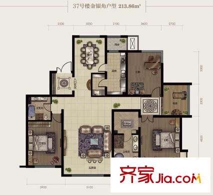 時代奧城戶型圖八期37號樓標(biāo)準(zhǔn)層銀角戶型 4室2廳2衛(wèi)1廚