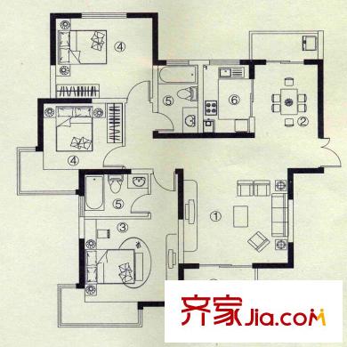 阳光花苑二期d3/d4户型 3室2厅2卫1厨