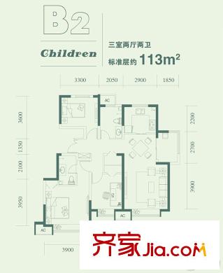 金融街融匯洋房6、16-17、19、21-22號樓標(biāo)準(zhǔn)層B2戶型 3室2廳2衛(wèi)1廚