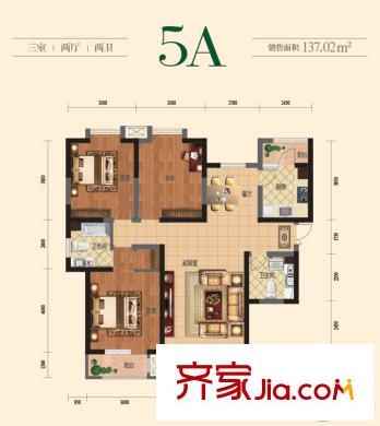 觀錦一期高層5、6、7號(hào)樓標(biāo)準(zhǔn)層5A戶型 3室2廳2衛(wèi)1廚