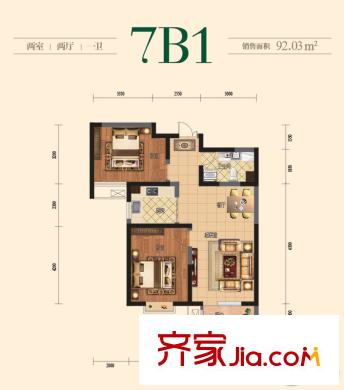 觀錦一期高層5、6、7號(hào)樓標(biāo)準(zhǔn)層7B1戶型 2室2廳1衛(wèi)1廚