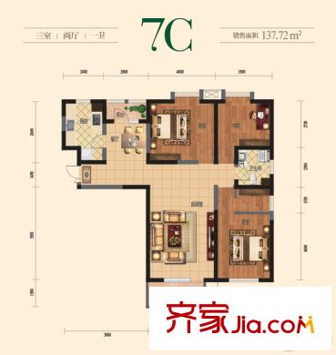 觀錦一期高層5、6、7號(hào)樓標(biāo)準(zhǔn)層7C戶型 3室2廳1衛(wèi)1廚