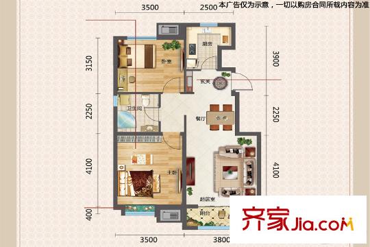 金地藝城華府洋房標(biāo)準(zhǔn)層N1戶型 2室2廳1衛(wèi)1廚