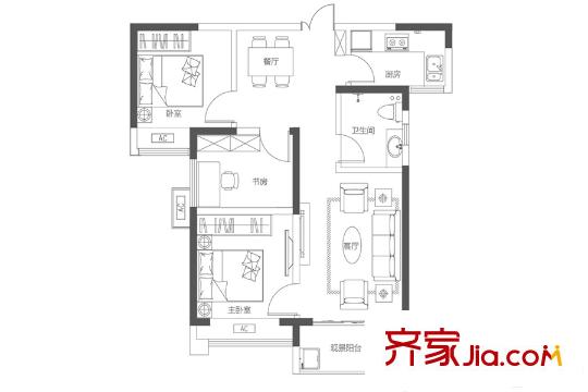 泰宏建业国际城一期19号楼b-1户型 3室2厅1卫1厨