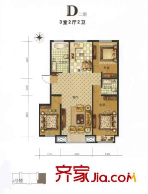 瑞祥國際二期4#樓標準層D戶型 3室2廳2衛(wèi)1廚