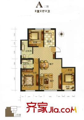 瑞祥國際二期2#樓標(biāo)準(zhǔn)層A戶型 3室2廳2衛(wèi)1廚