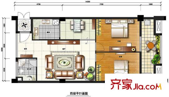 君臨盛世茶亭戶型圖戶型C 2室2廳1衛(wèi)1廚