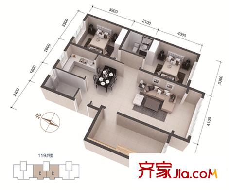 南港新城二期103#樓C戶型 3室2廳2衛(wèi)1廚