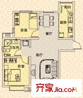 京港國際城戶型圖高層標準層2室戶型 2室2廳1衛(wèi)1廚