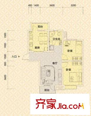 京港國際城戶型圖高層標準層2室戶型 2室1廳1衛(wèi)1廚