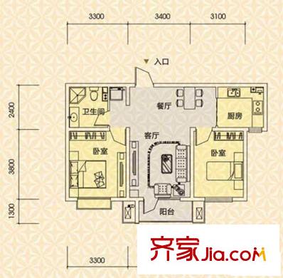 京港國際城戶型圖高層標準層2室戶型 2室2廳1衛(wèi)1廚