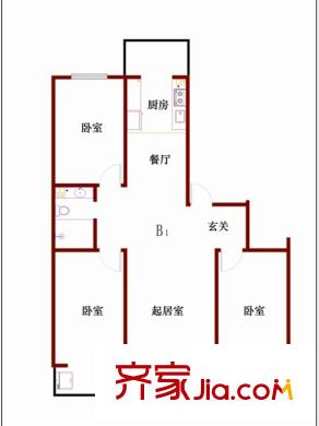 華都圣地戶型圖B1戶型 3室2廳1衛(wèi)1廚