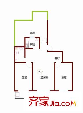 華都圣地戶型圖B1’戶型 2室2廳1衛(wèi)1廚