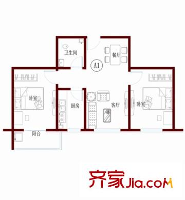 華都圣地戶型圖A1戶型 2室2廳1衛(wèi)1廚