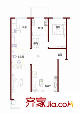 華都圣地戶型圖B2戶型 3室2廳1衛(wèi)1廚