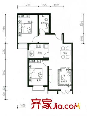 海澳公館戶型圖C戶型 2室2廳1衛(wèi)1廚
