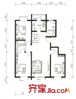 海澳公館戶型圖F戶型 3室2廳2衛(wèi)1廚