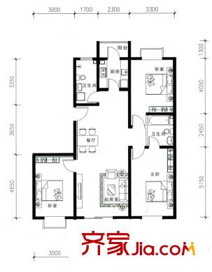 海澳公館戶型圖E戶型 3室2廳2衛(wèi)1廚