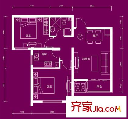 濱港怡園戶型圖F戶型 2室2廳1衛(wèi)1廚