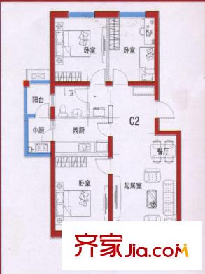 正通花園戶(hù)型圖C2戶(hù)型 3室2廳1衛(wèi)1廚