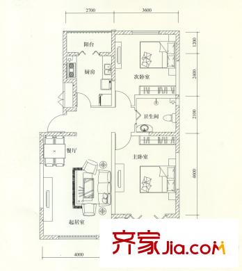 林蔭大道戶型圖101#樓B1戶型 2室2廳1衛(wèi)1廚