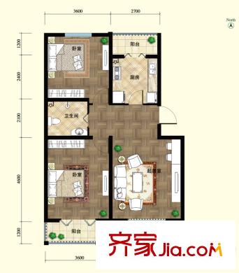 林蔭大道戶型圖101#B2戶型 2室2廳1衛(wèi)1廚