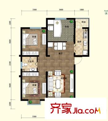 林蔭大道戶型圖101#C2'戶型 3室2廳1衛(wèi)1廚