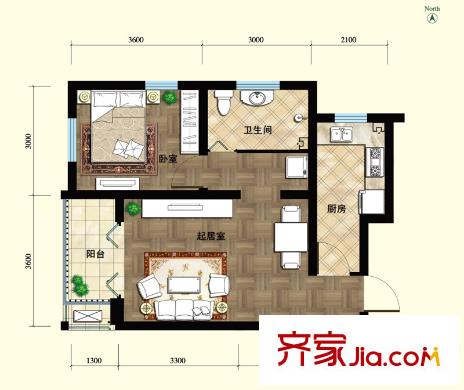 林蔭大道戶型圖102-106#A1戶型 1室1廳1衛(wèi)1廚
