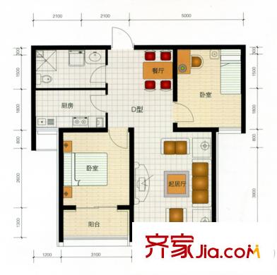 宏坤馨港家園戶型圖D戶型 2室2廳1衛(wèi)1廚
