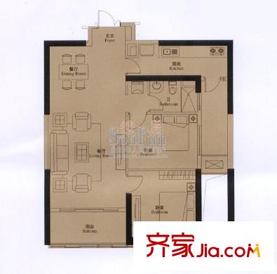 世茂國(guó)際花園戶型圖2#樓02戶型 2室1廳1衛(wèi)1廚