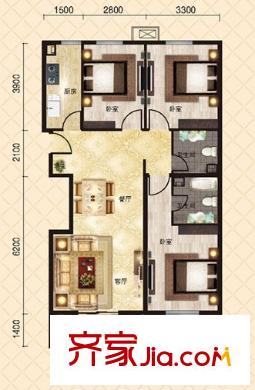 奧特錦鴻嘉苑戶型圖3居室 3室2廳2衛(wèi)1廚