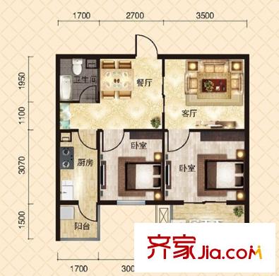 奧特錦鴻嘉苑戶型圖2居室 2室2廳1衛(wèi)1廚